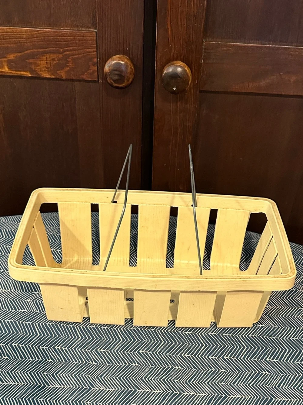 Faux wood • apple crate • metal handles • basket